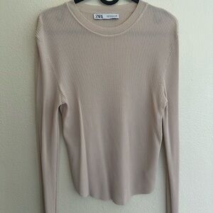 Zara Women's Beige Ribbed Long Sleeve Tee